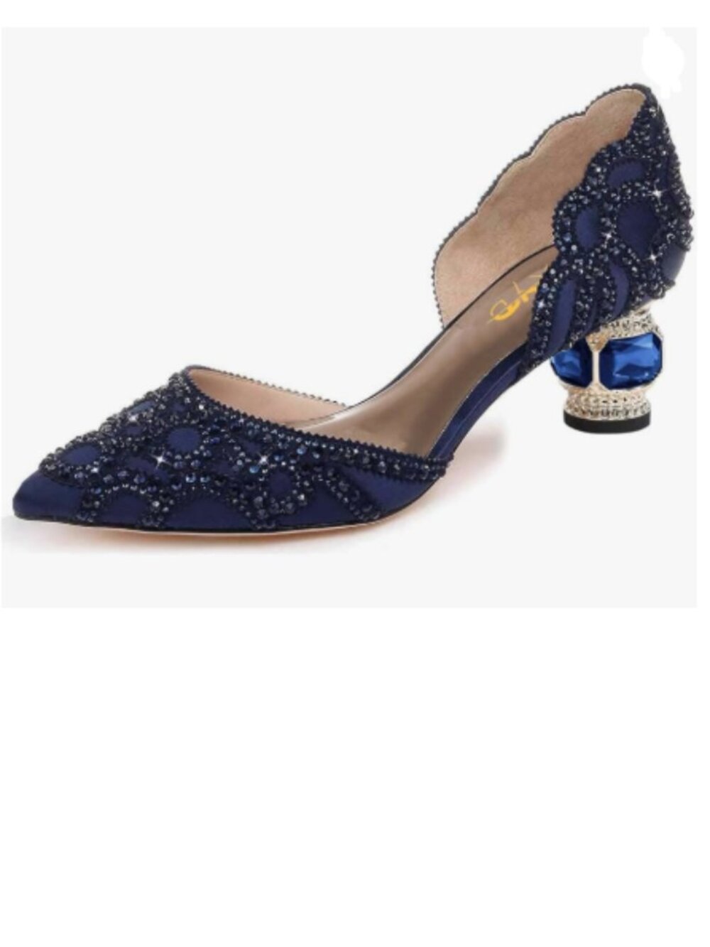 XYD Navy Pointed Toe D'Orsay Crystal Chunky Low Heel Studs, Slip-On Pump